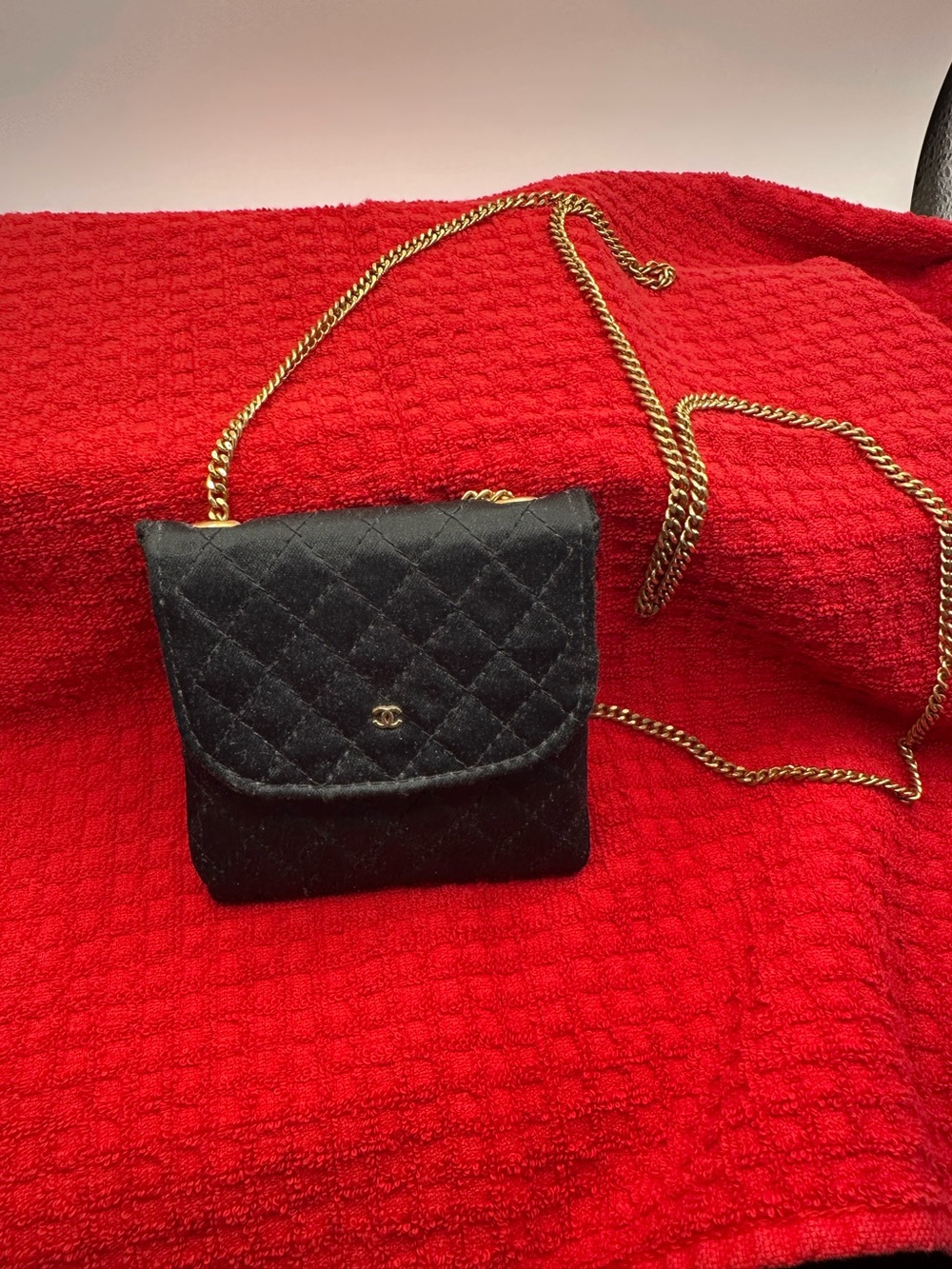CHANEL Vintage Black Quilted Satin With Gold Chain